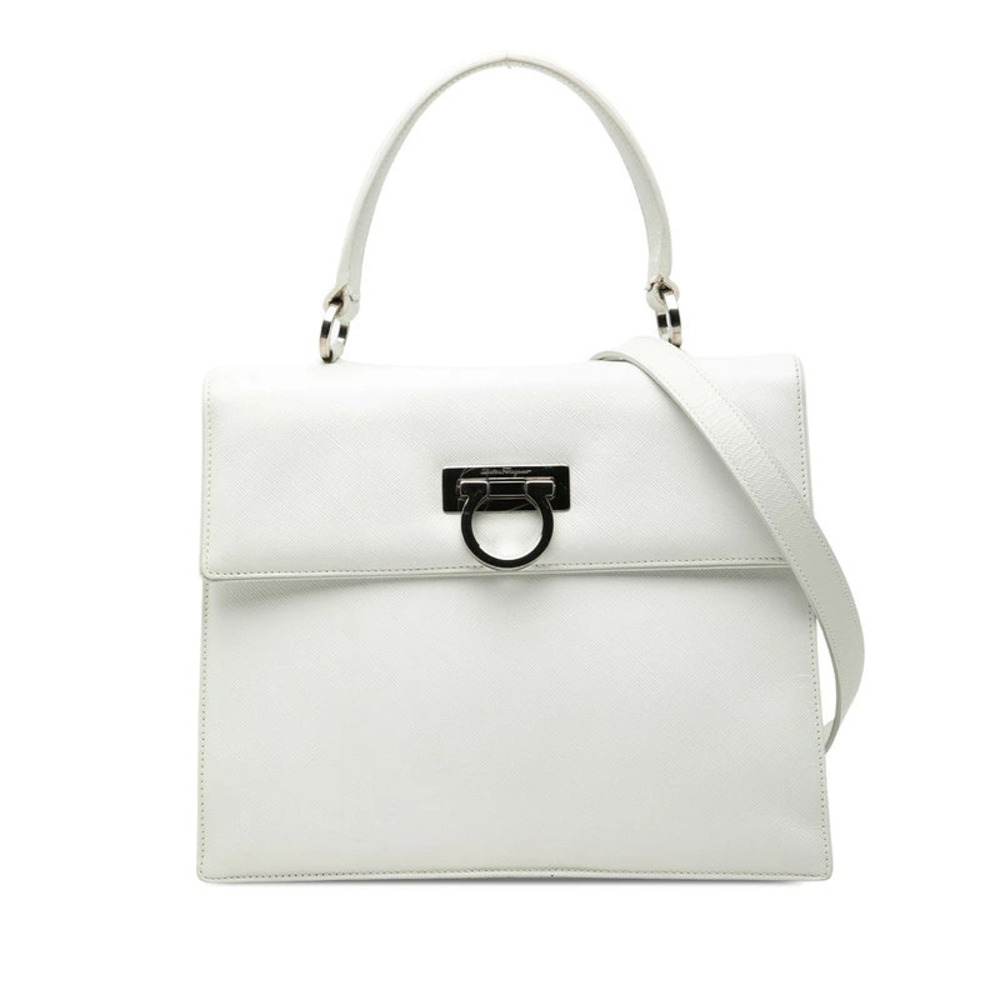 Salvatore Ferragamo Gancini Leather 2Way Shoulder Bag Silver White